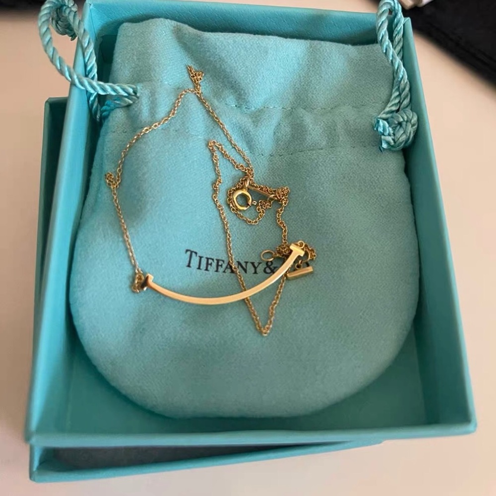Tiffany & Co. Gold Curved Bar Necklace with Blue Pouch